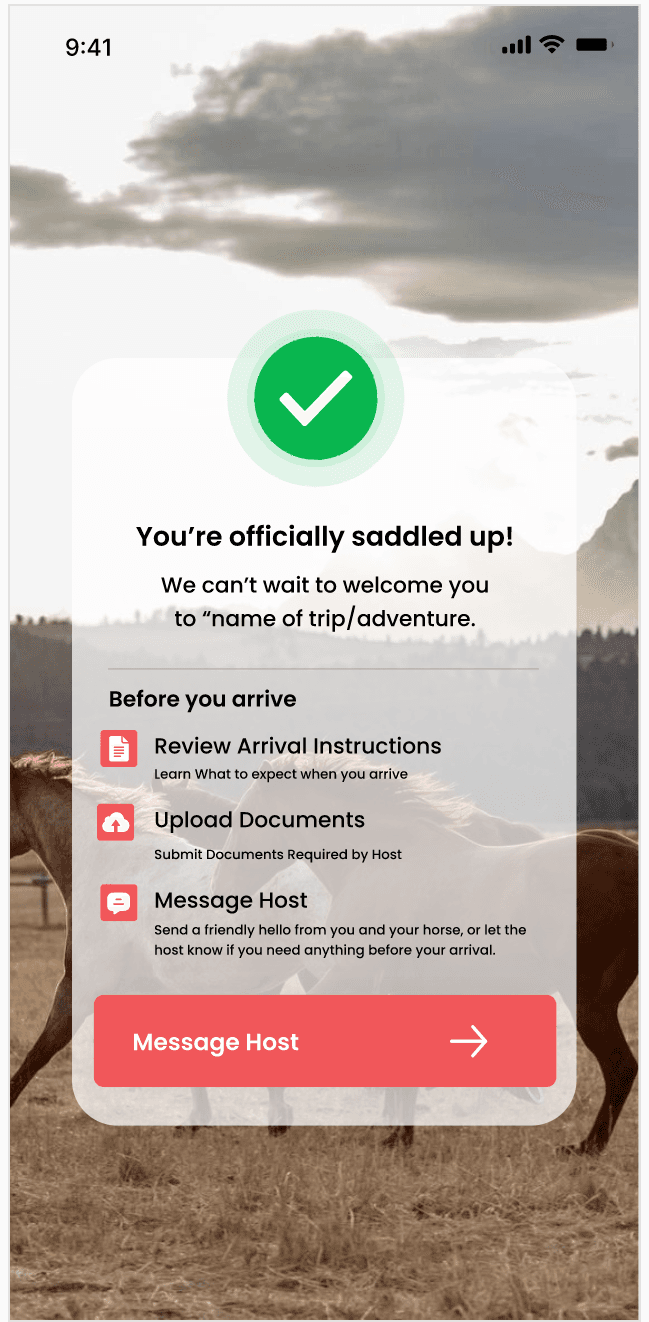 Booking confirmation screen with before-you-arrive checklist