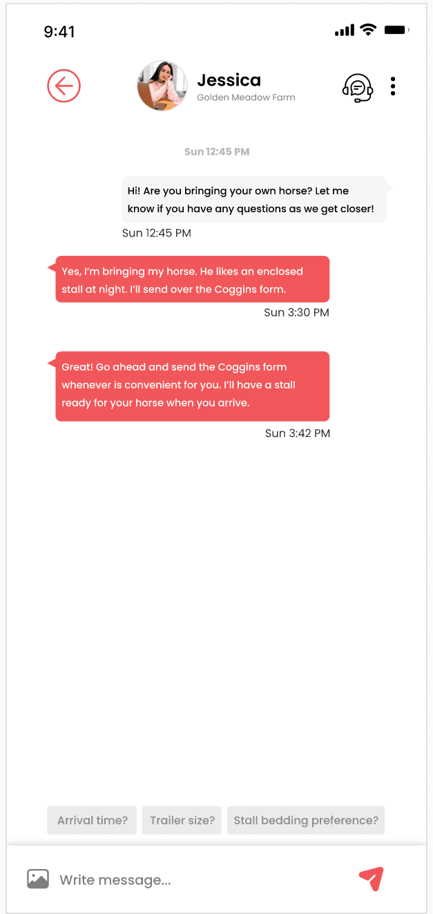 Chat thread with a host about arrival details and stall preferences